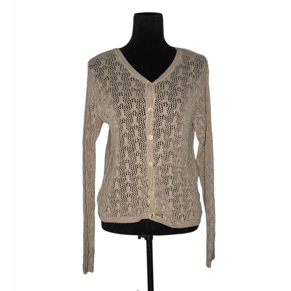 VTG Bushwacker Beige Open Knit Crochet Cardigan Linen Cotton Blend L Boho